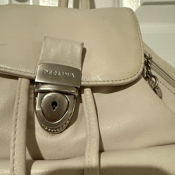 Perlina Cream Soft Smooth Leather Silver Tone Hardware Backpack Purse Preowned - Picture 3 of 13